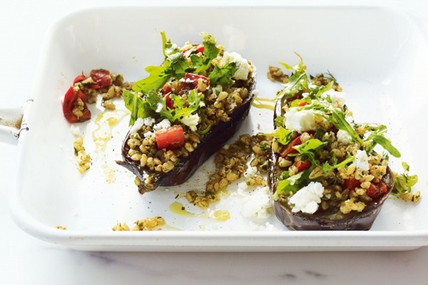 Baked eggplant with barley, feta & dill salad