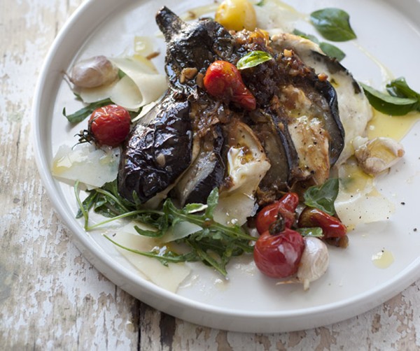 Baked eggplant with cherry tomato and buffalo mozzarella