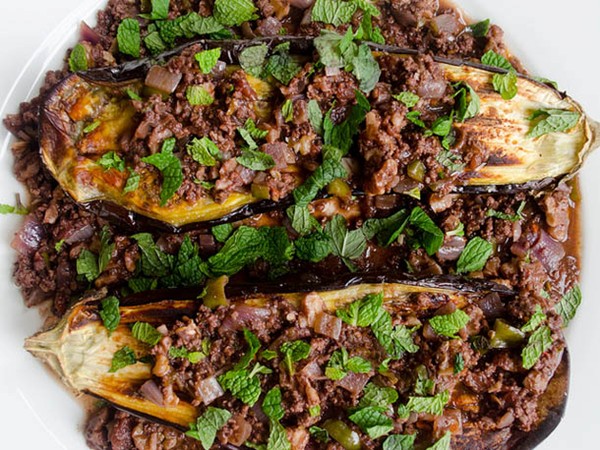Baked eggplant with lamb and walnut sauce