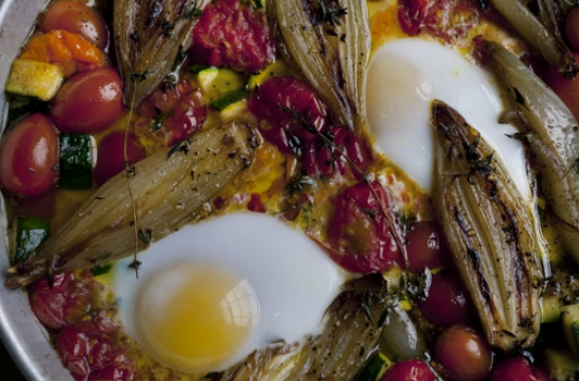 Baked eggs and vegetables