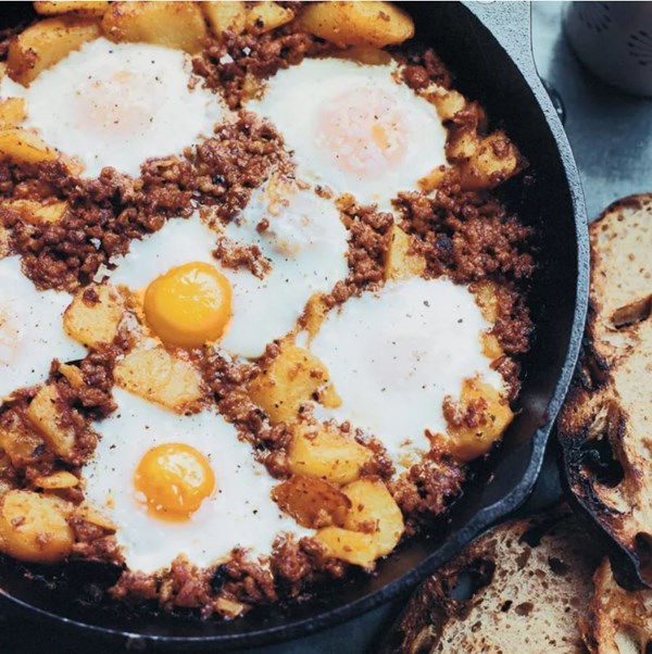 Baked eggs with chorizo and potatoes [David Kinch]