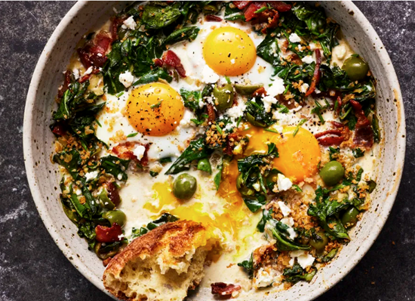 Baked eggs with green olives & fetta