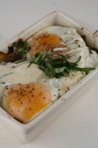 Baked eggs with mushrooms, leeks, Parmesan, and Bechamel
