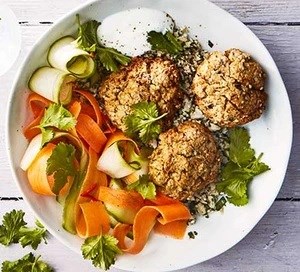 Baked falafel & cauliflower tabbouleh with pickled carrots, cucumber & chilli salad 