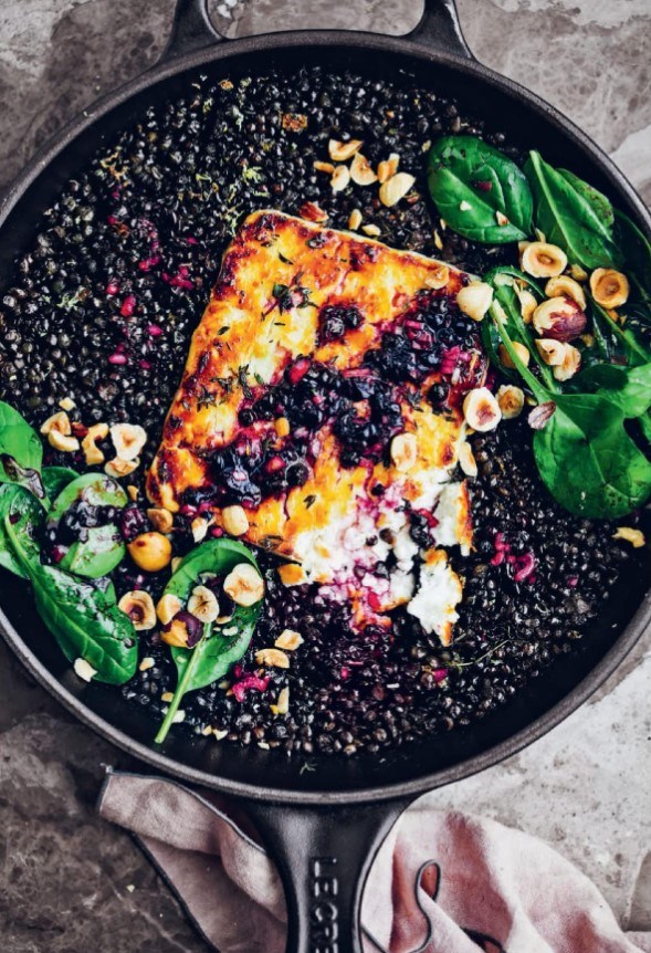 Baked feta & lentils with blackberry vinaigrette