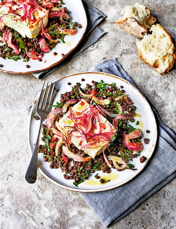 Baked feta and lentils, chilli and herbs