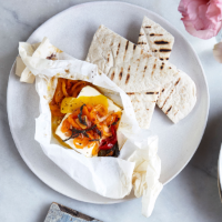 Baked feta parcels with pepper confit, sage and lemon 