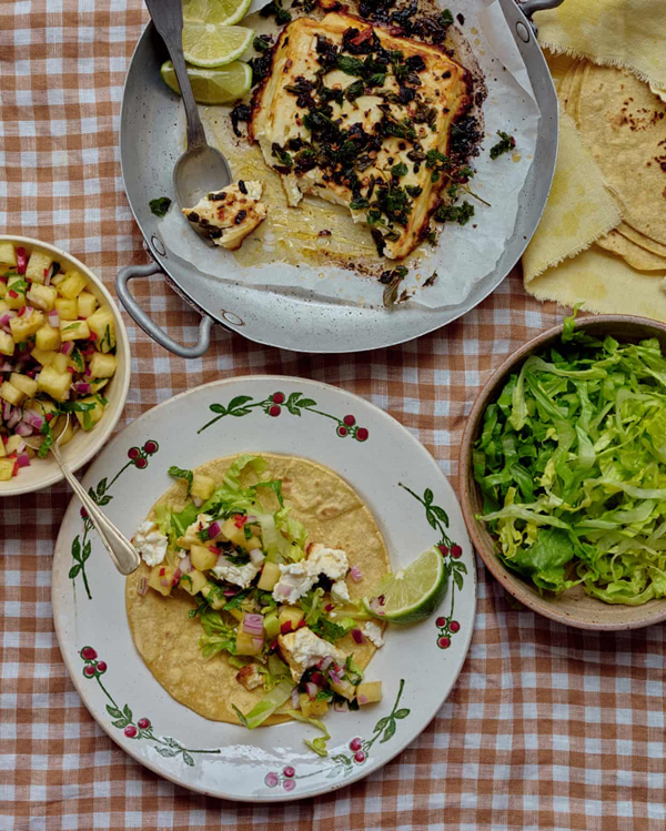 Baked feta tacos with onion and pineapple salsa