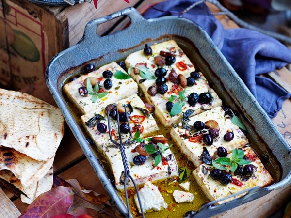 Baked feta with garlic, chilli & olives