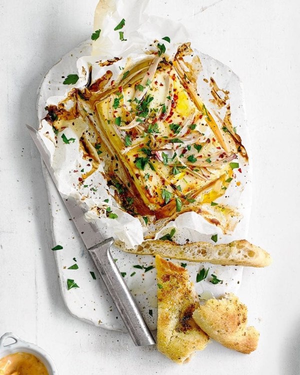 Baked feta with honey, chilli and mint