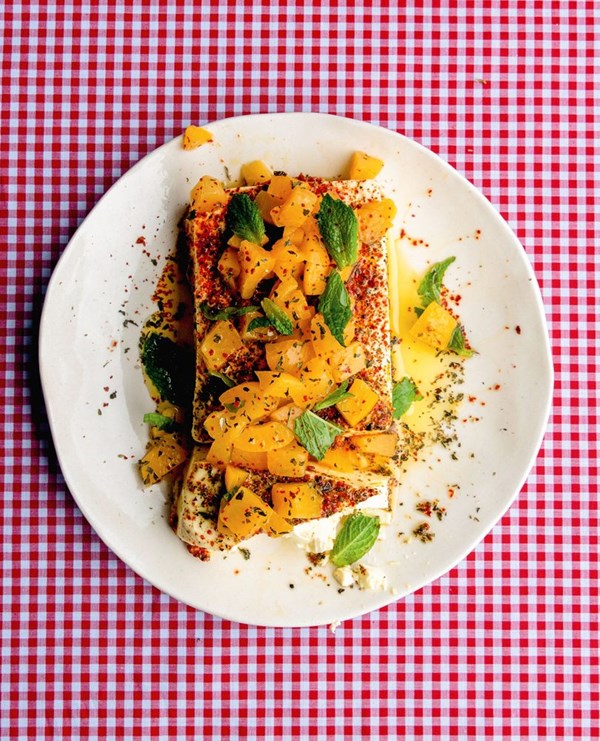 Baked feta with honey, dried mint & pickled fresh apricots