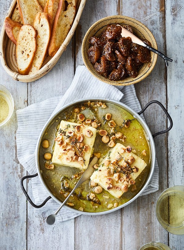 Baked feta with honey, hazelnuts and thyme and dried fig and Marsala compote