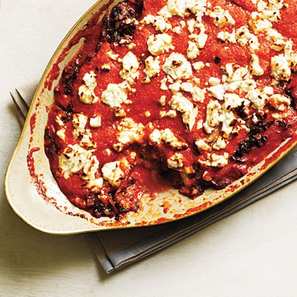 Baked feta with romesco and olive tapenade