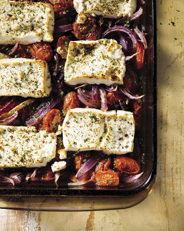 Baked feta with tomatoes, olives and oregano