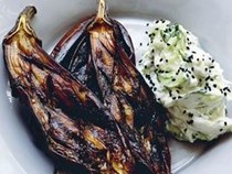 Baked finger aubergines, yoghurt and cucumber