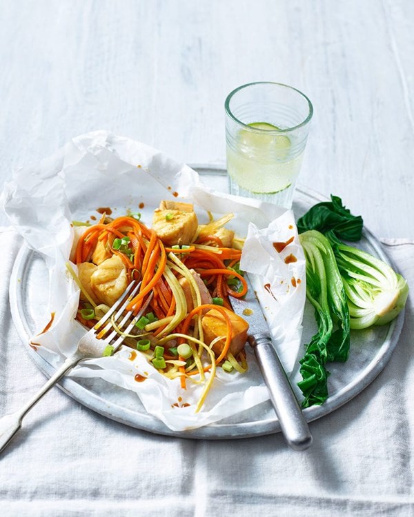 Baked fish parcels with soy and mirin dressing