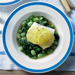 Baked fish with braised beans-and-greens broth