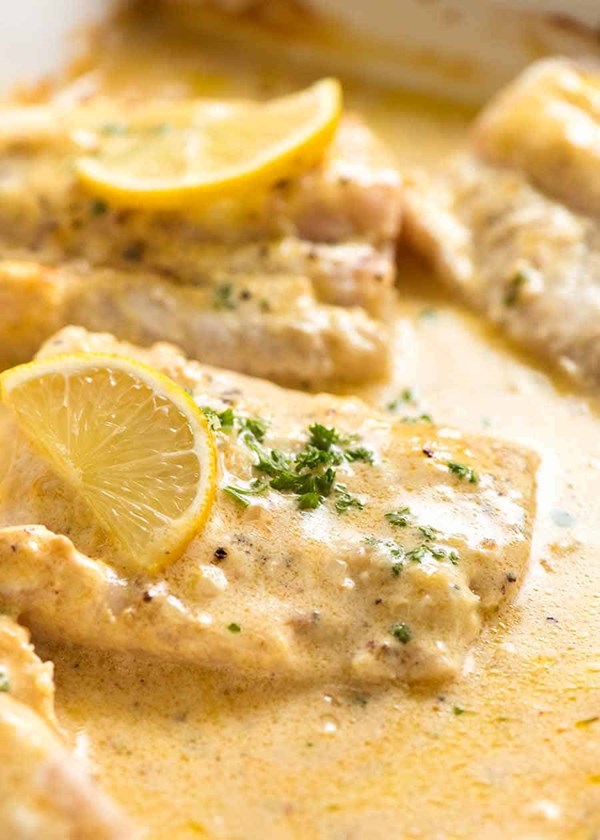 Baked fish with lemon cream sauce