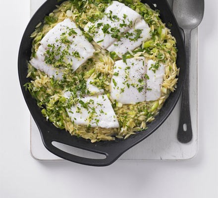 Baked fish with orzo