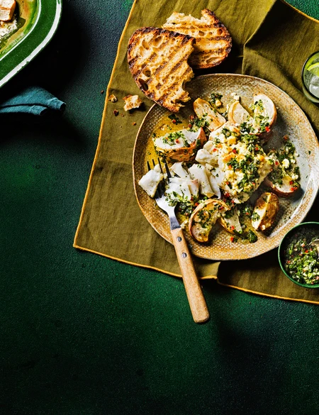 Baked fish with roasted turnips, feta and chimichurri