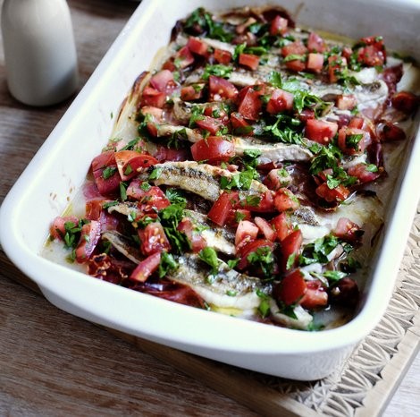 Baked flathead with prosciutto, tomato & parsley