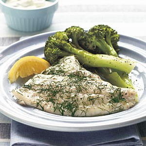 Baked flounder with dill and caper cream