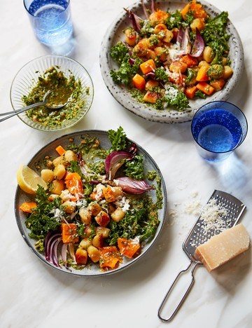 Baked gnocchi, butter and kale with hazelnut pesto