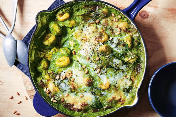 Baked gnocchi with pesto Parmesan bechamel