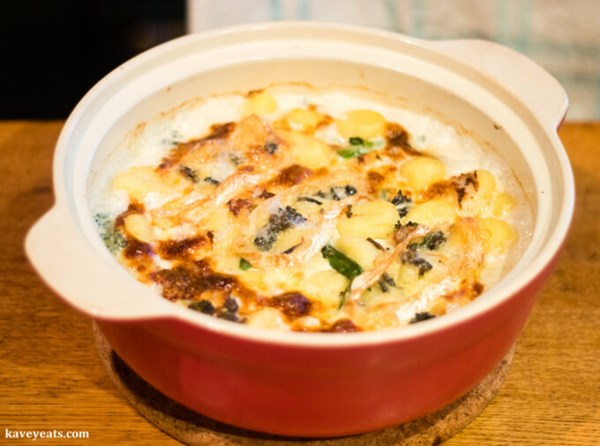 Baked gnocchi with purple sprouting broccoli and perl las blue cheese