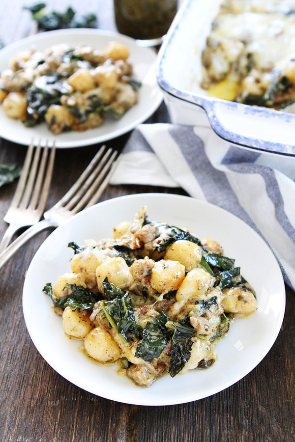 Baked gnocchi with sausage, kale, and pesto