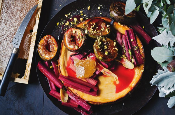 Baked goat's curd cheesecake with sticky rhubarb and figs
