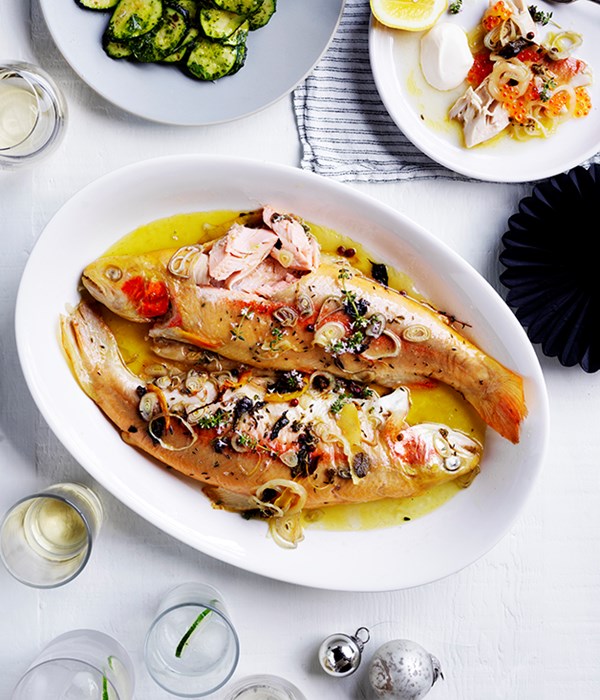Baked golden trout with roe