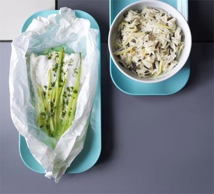 Baked haddock and herb parcels with lemon wild rice