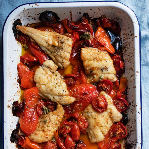 Baked haddock, peppers, lemon, mint