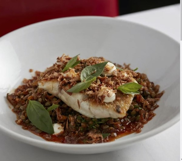 Baked haddock with lentils, basil and mascarpone