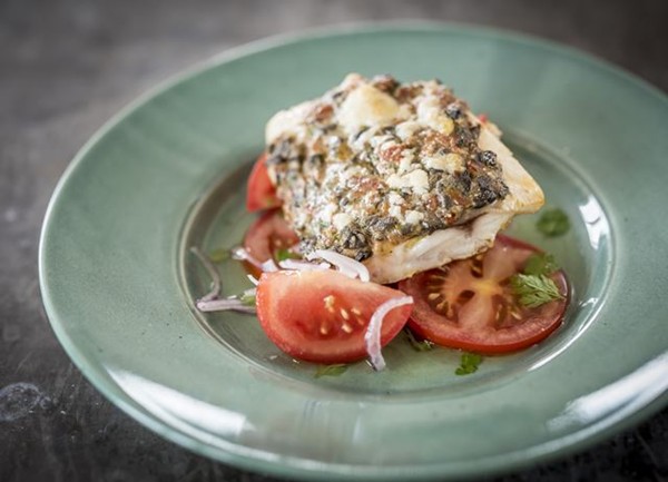 Baked hake in a Mediterranean crust