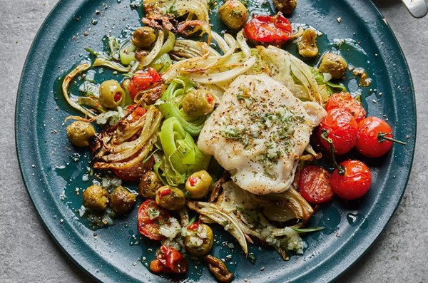 Baked hake with fennel, olives & cherry tomatoes