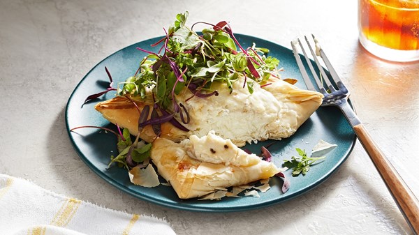 Baked halibut on phyllo with Parm topping