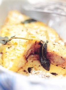 Baked halibut steak with sage