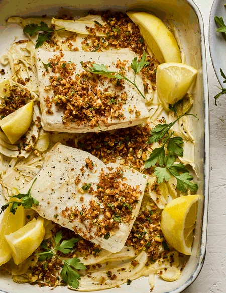Baked halibut with fennel, lemon and walnut pangrattato
