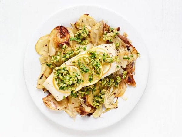 Baked halibut with fennel, potatoes and olive gremolata 