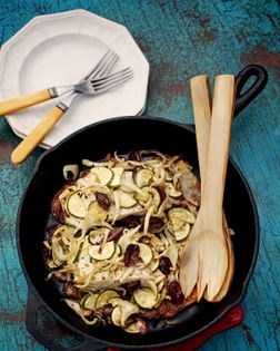 Baked halibut with warm fennel-zucchini chopped salad