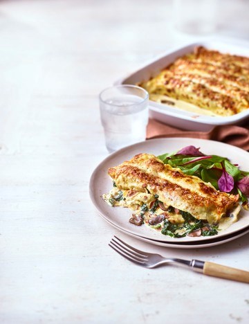 Baked ham, spinach and cheese pancakes