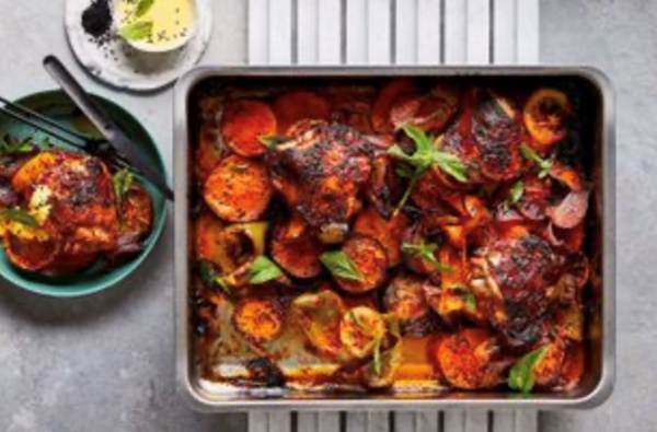 Baked harissa chicken with vegetables 