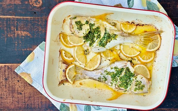 Baked herb & lemon leatherjacket