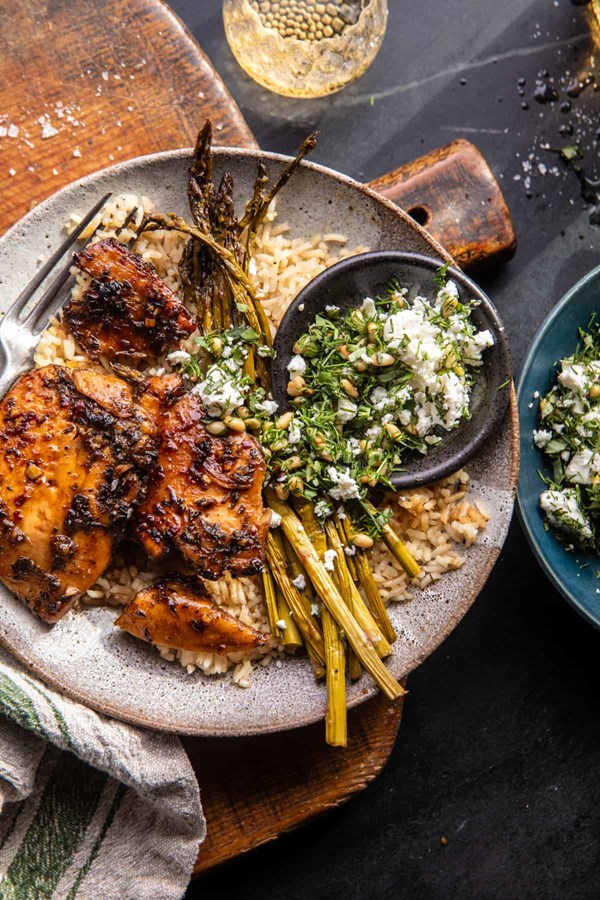Baked honey balsamic chicken with charred lemon feta