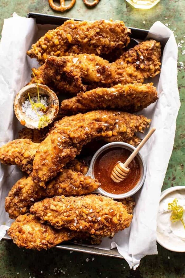 Baked hot honey mustard pretzel chicken fingers