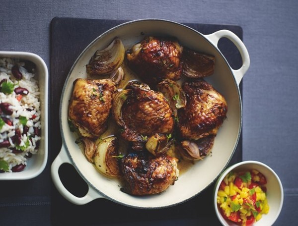 Baked jerk chicken with pineapple salsa, coconut rice & beans