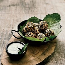 Baked kabocha falafel with almond-milk yogurt