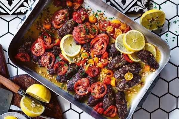 Baked kafta with tomato and pine nuts (Kafta bi sineyeh)